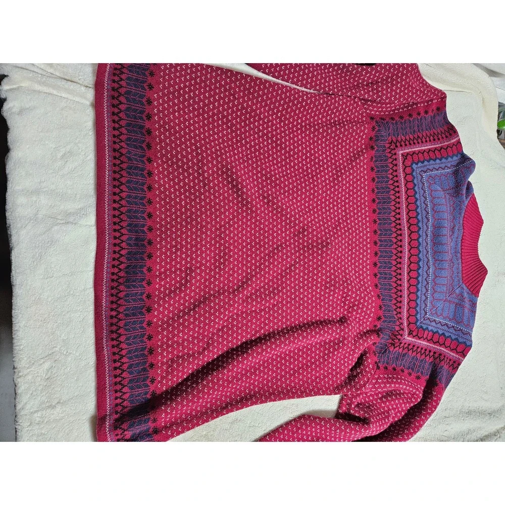 Eddie Bauer Men's Fairisle Sweater 1/4‎ zip, size XXL Maroon & Blue Grandpa Ski - Picture 5 of 8
